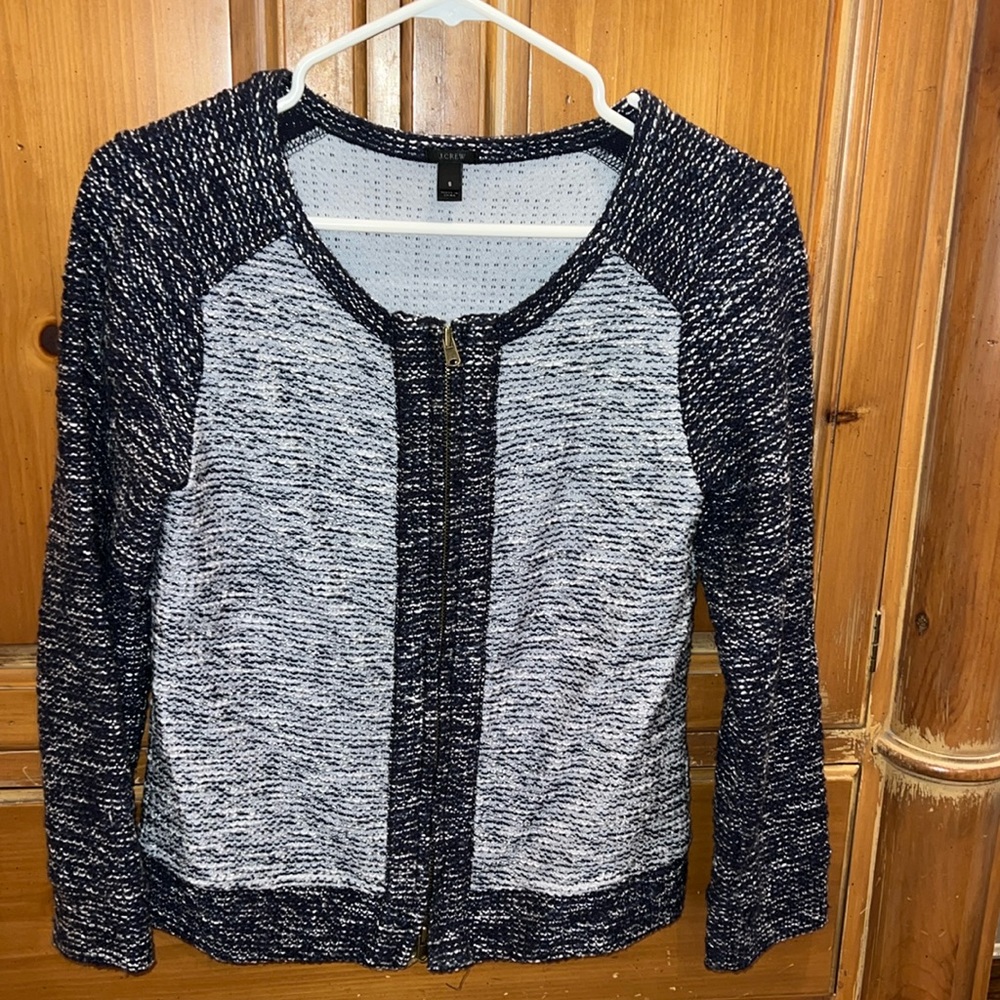 Women’s J Crew Boucle Sweater Jacket Navy/Gray Colorblock Two way zipper
